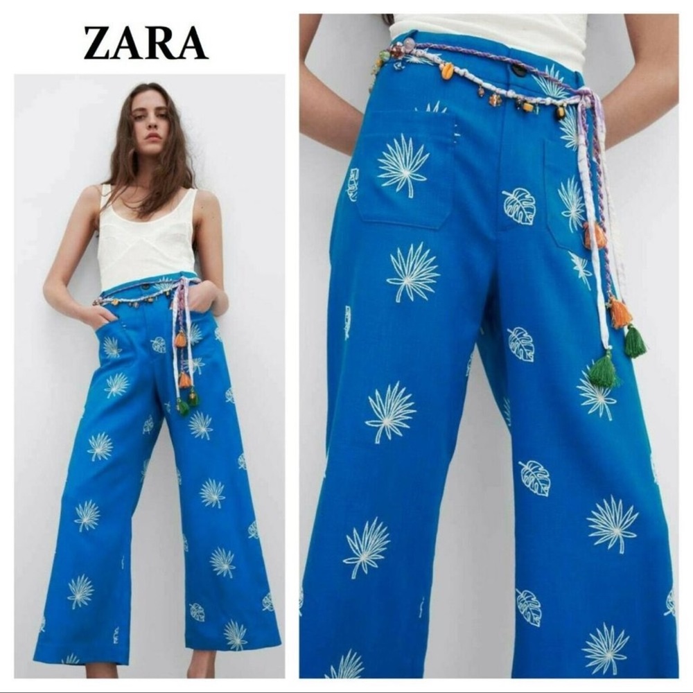 Zara Bright Blue Tropical Print Wide-Leg Pants
